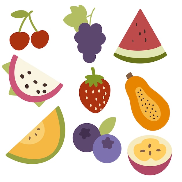 Uma coleção de várias frutas frescas e deliciosas vetor e ilustração