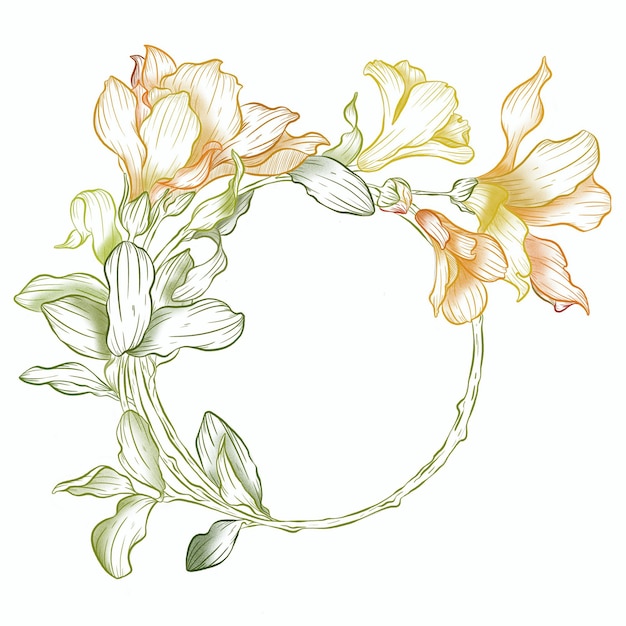 Uma coroa floral vibrante desenhada à mão em estilo esboço com linhas texturizadas delicadas