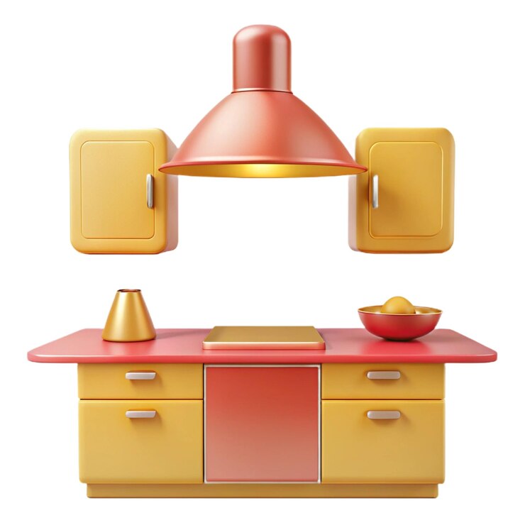 PSD uma cozinha colorida com um fogão e um topo de fogão com um topo amarelo