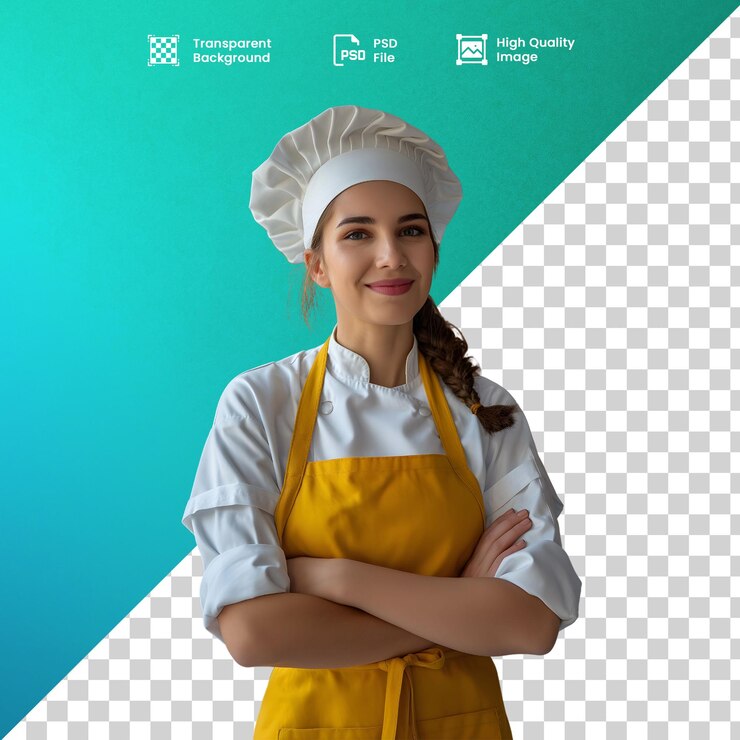 PSD uma cozinheira sorridente com um chapu de chef de cocina