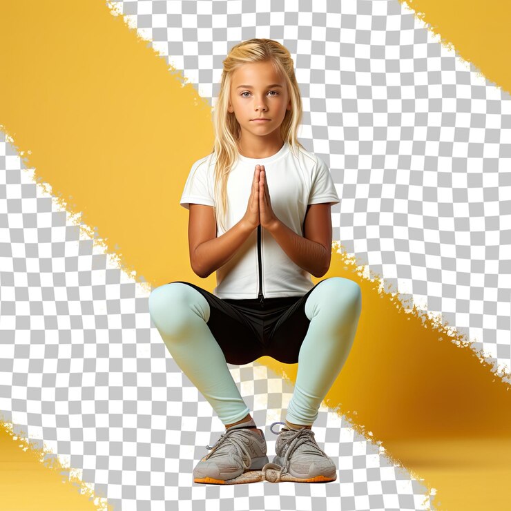PSD uma criança com cabelo loiro da etnia aborígene australiana vestida com trajes de personal trainer posa em uma cruz sentada com as pernas no chão contra um amarelo pastel