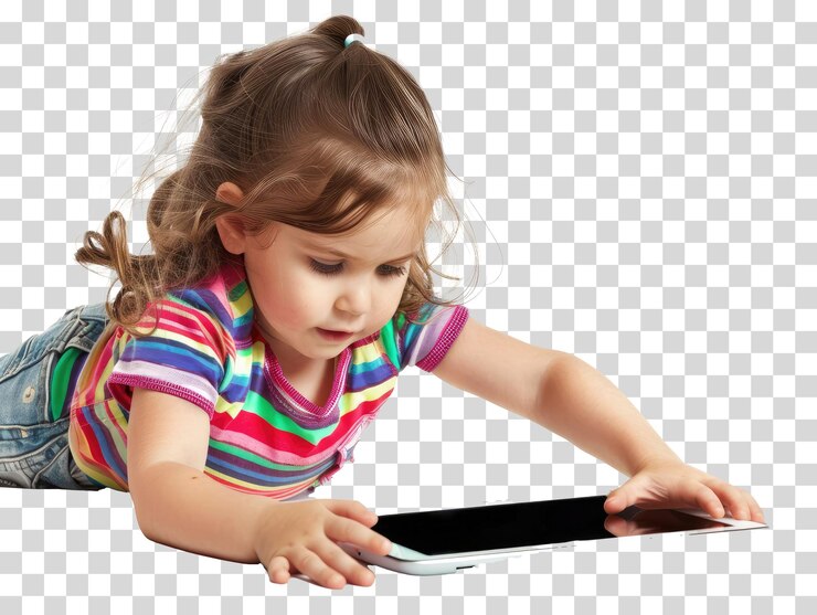 PSD uma criança está sentada no chão e segurando um tablet em fundo transparente