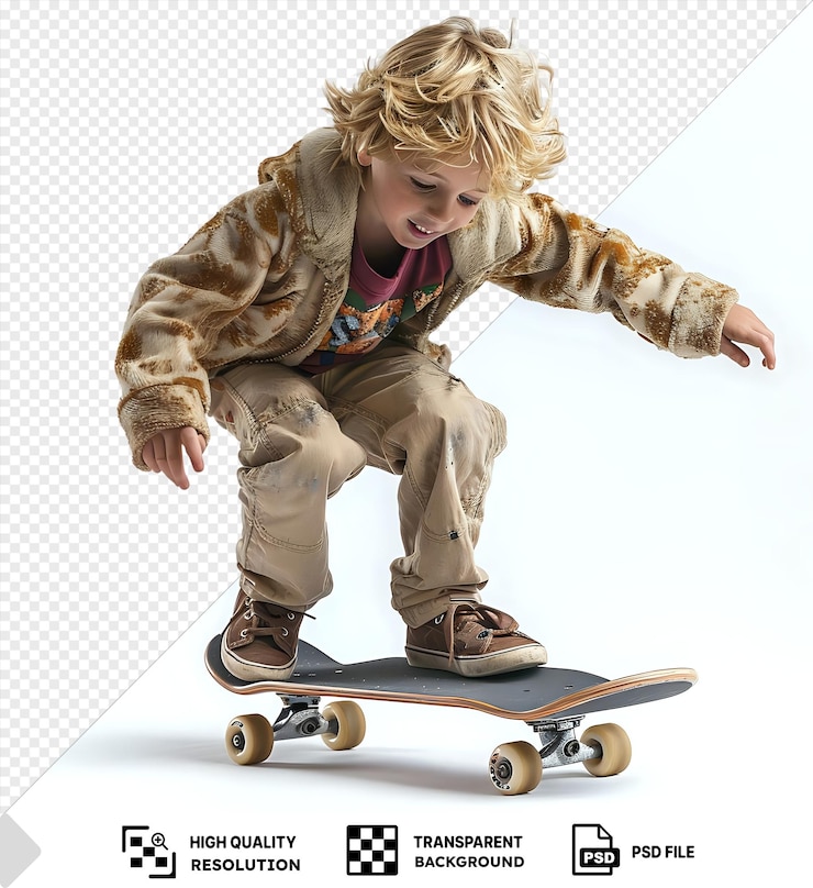PSD uma criança loira bonita transparente tendo um bom tempo enquanto skateboarding em um skateboard preto com rodas brancas e amarelas vestindo calças castanhas e castanhas e com uma mão visível no primeiro plano png