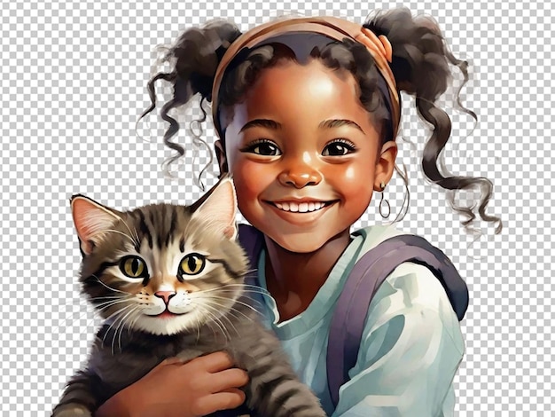 PSD uma criança negra segurando um gato com um grande sorriso