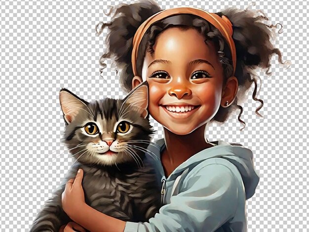 PSD uma criança negra segurando um gato com um grande sorriso