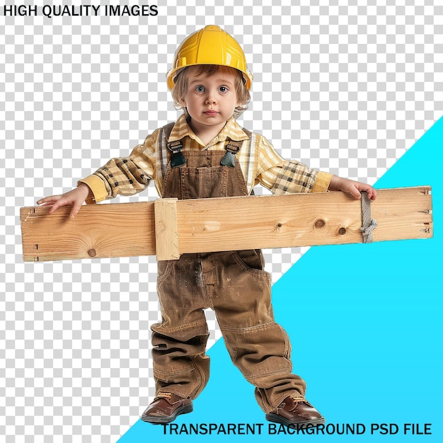 uma criança segurando um grande pedaço de madeira com um fundo azul