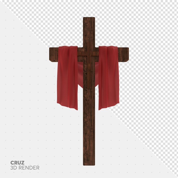 PSD uma cruz com um pano vermelho que diz cruz 3d render