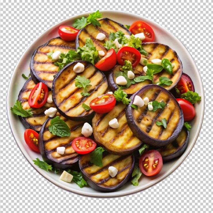 PSD uma deliciosa salada de berinjela grelhada isolada sobre um fundo transparente