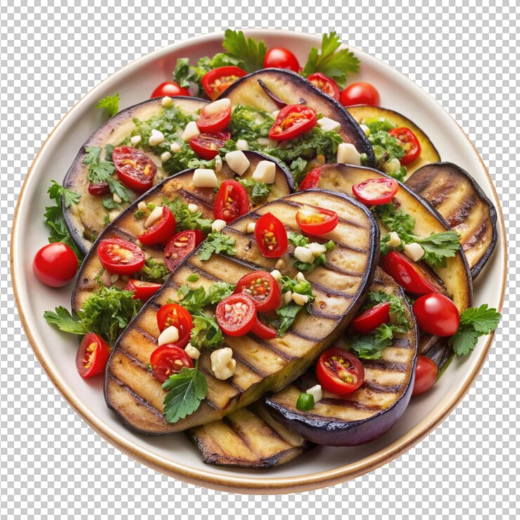 PSD uma deliciosa salada de berinjela grelhada isolada sobre um fundo transparente