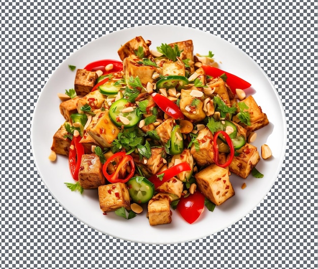 Uma deliciosa salada de tofu picante isolada sobre um fundo transparente.