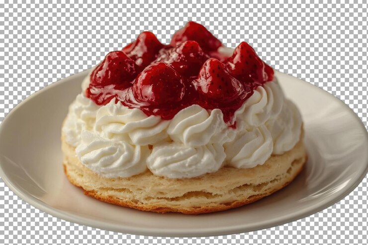 PSD uma deliciosa sobremesa com cereja e creme batido em um bolo servido em um prato simples