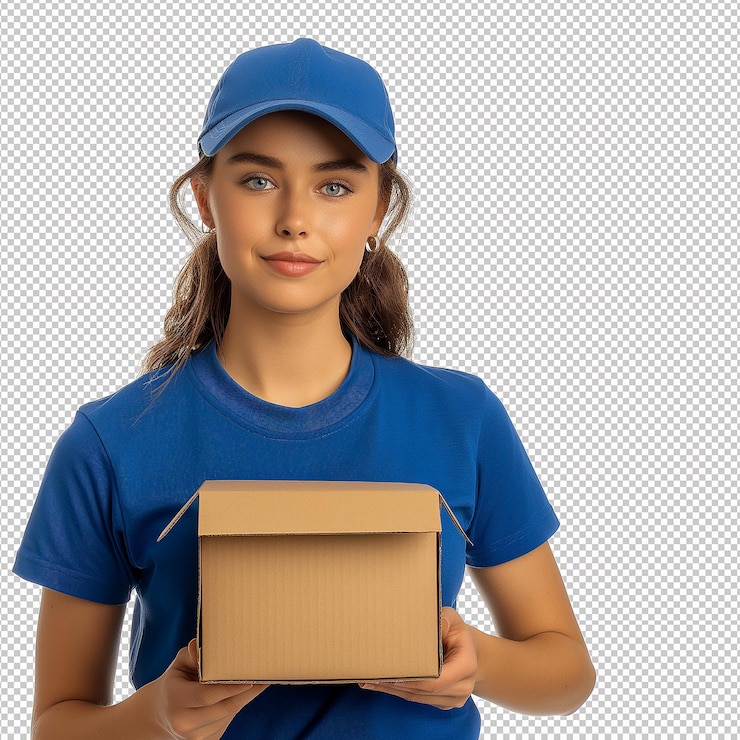 PSD uma delivery girl sorrindo vestindo uma camisa polo azul e segurando uma caixa