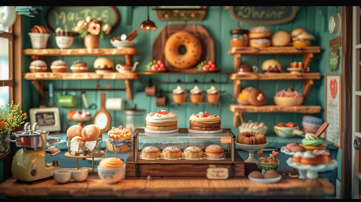 PSD uma encantadora padaria em miniatura com prateleiras cheias de doces, bolos e donuts, um balcão com uma vitrine cheia de coisas frescas e duas xícaras de café.