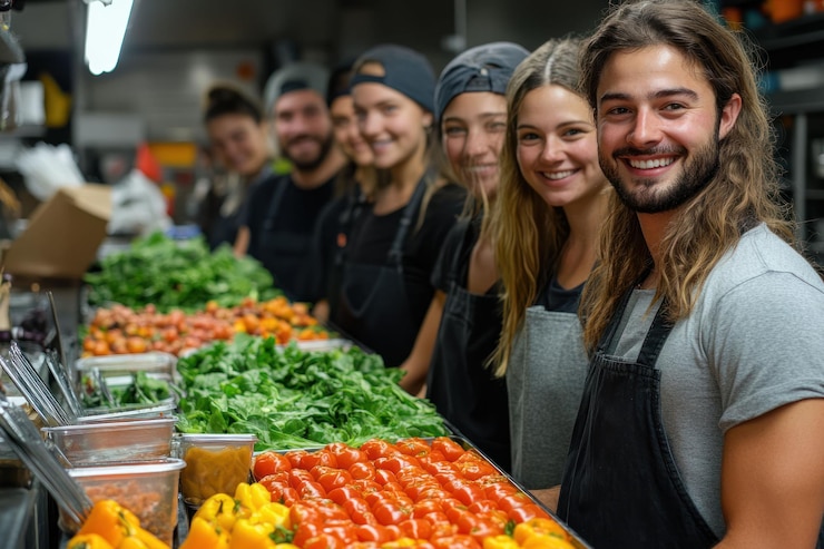 PSD uma equipe de jovens trabalhadores de um restaurante sorridente está atrás de um balcão cheio de vegetais frescos