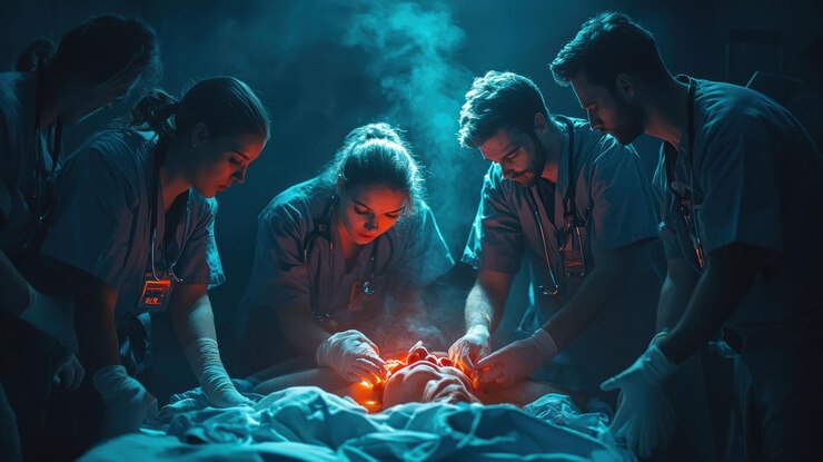 PSD uma equipe de profissionais médicos realizando uma cirurgia em um paciente em uma sala de cirurgia mal iluminada