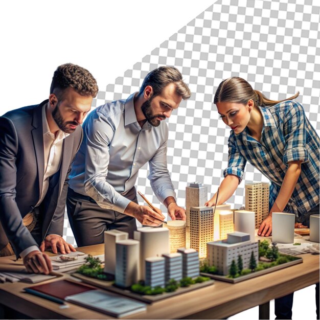 Uma equipe revisando um modelo arquitetônico 3D antes de começar a construção no local