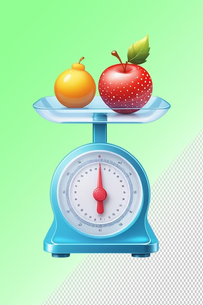 Uma escala com duas frutas e uma escala com uma agulha vermelha na parte superior