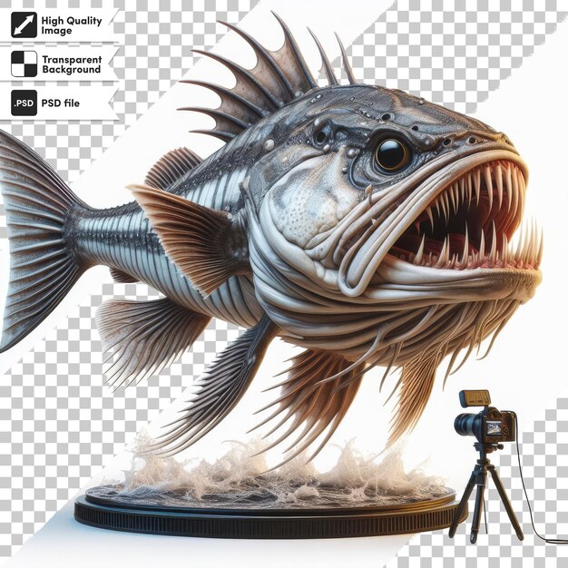 PSD uma escultura de peixe com uma câmera nele e uma câmera na parte de baixo