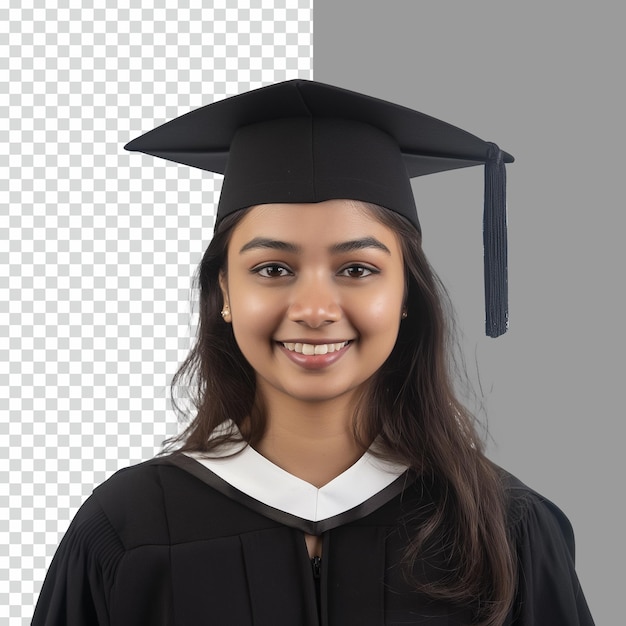 PSD uma estudante de pós-graduação com um vestido preto e um boné de formatura isolado com fundo transparente.