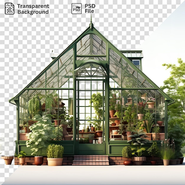 PSD uma estufa repleta de uma variedade de plantas, incluindo árvores verdes, vasos de plantas em vasos marrons e verdes e uma grande janela de vidro contra um céu branco e azul