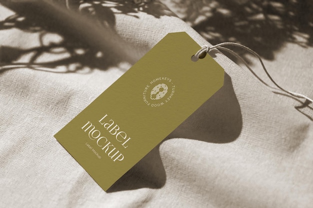 Uma etiqueta de roupa em um lençol branco com a sombra de uma planta