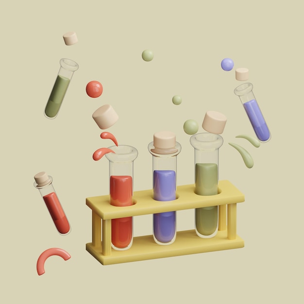 Uma exibição colorida de tubos de ensaio com diferentes líquidos coloridos para aprendizado de ciências