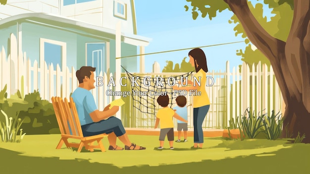 Uma família de quatro pessoas desfrutando de um dia ensolarado em seu quintal O pai está sentado em uma cadeira lendo um livro enquanto a mãe e dois filhos estão montando uma hamaca