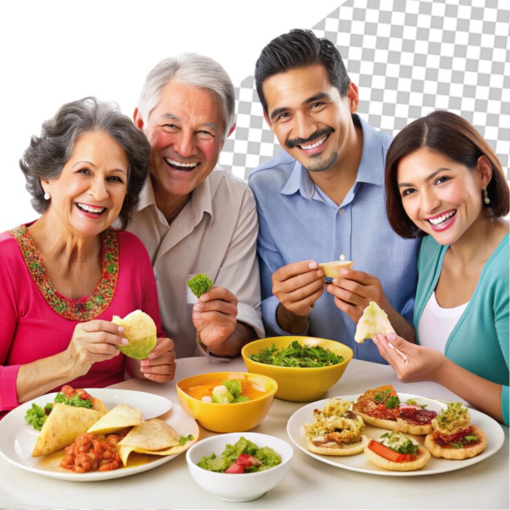 PSD uma família está comendo uma refeição em uma mesa com um homem e uma mulher