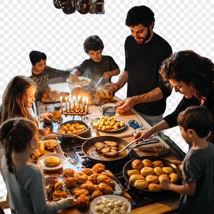 PSD uma família está preparando comida em uma mesa com uma vela no meio