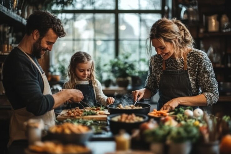 PSD uma família feliz de três cozinheiros juntos na cozinha preparando uma refeição com legumes frescos e comida a vapor em tigelas