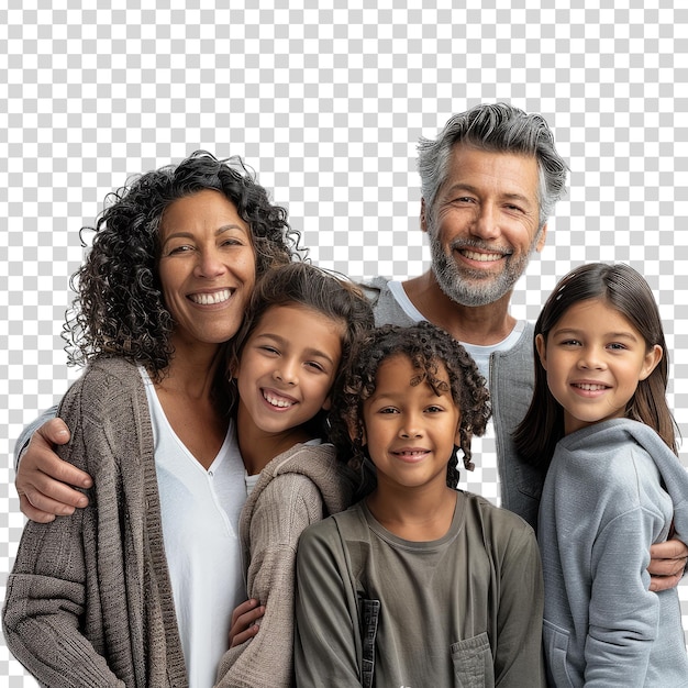 Uma família posa para uma foto com as palavras 