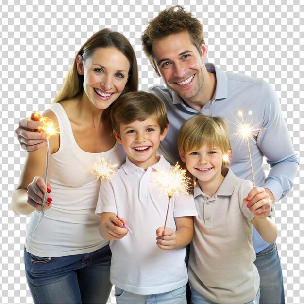 Uma família posando com faíscas e sorrindo em fundo transparente