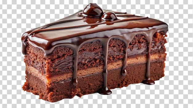 Uma fatia de bolo de chocolate decadente com chuva de ganache isolada em fundo transparente