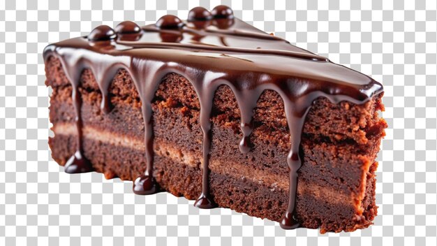 PSD uma fatia de bolo de chocolate decadente com chuva de ganache isolada em fundo transparente