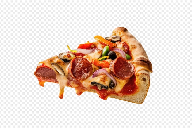 uma fatia de pizza com diferentes coberturas em um fundo transparente