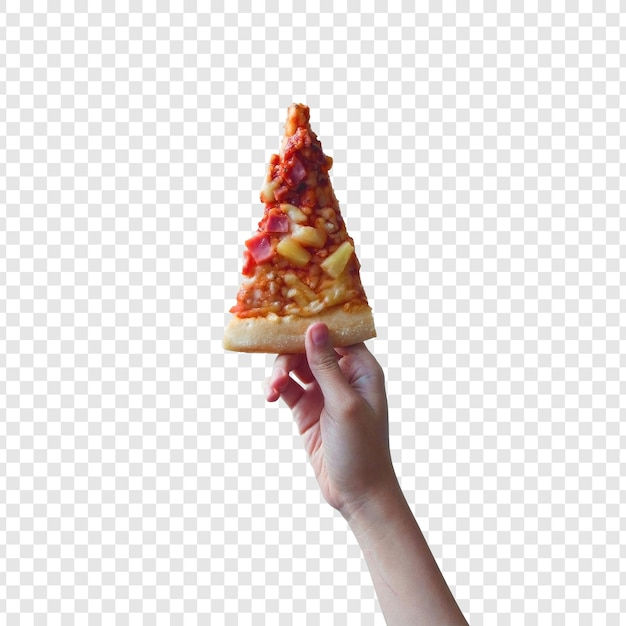 Uma fatia de pizza é levantada por alguém segurando uma fatia de Pizza