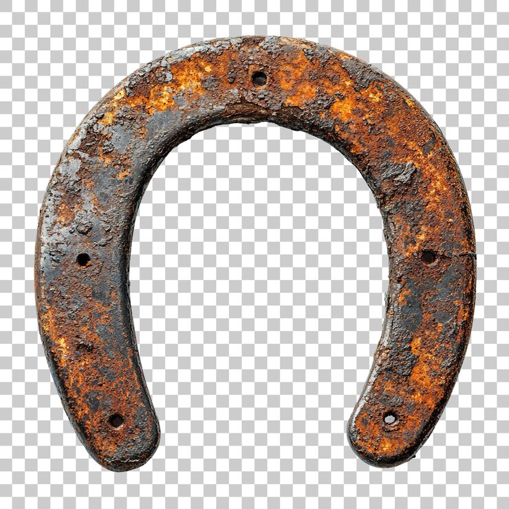 PSD uma ferradura antiga exibindo significativa ferrugem e corrosão em fundo transparente