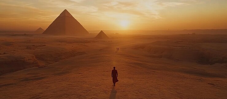 PSD uma figura solitária caminha em direção às pirâmides de giza ao pôr-do-sol