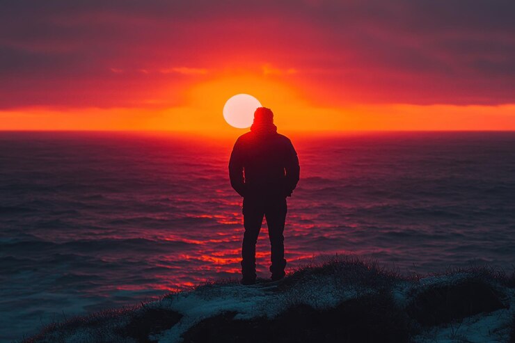 PSD uma figura solitária está de pé em um penhasco com vista para o oceano em silhueta contra um pôr-do-sol ardente