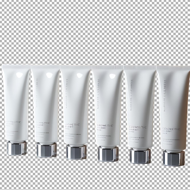 Uma fila de garrafas brancas e pretas de shampoo branco