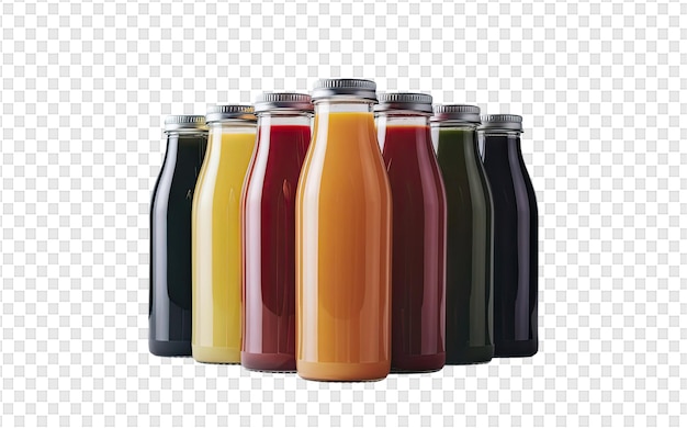 Uma fila de garrafas de suco com cores diferentes