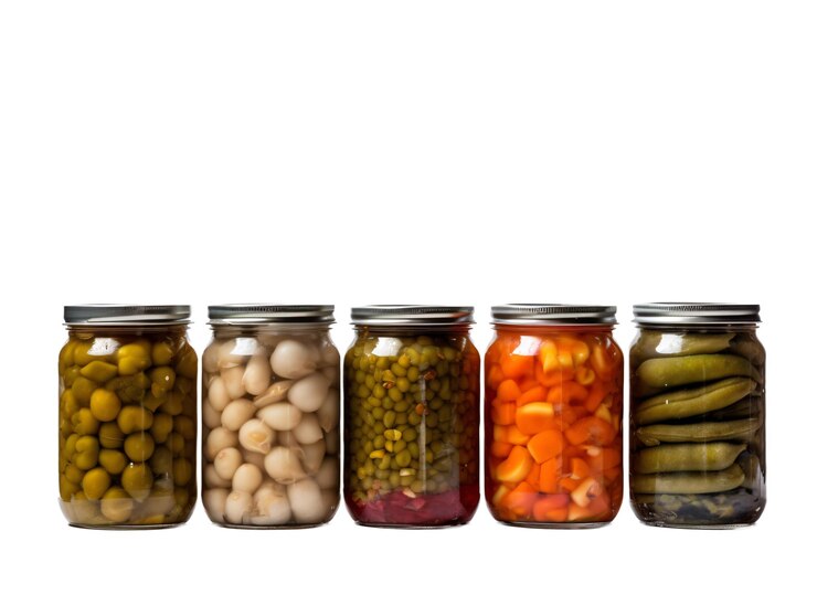 PSD uma fileira de frascos de diferentes vegetais