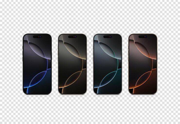 PSD uma fileira de telefones celulares com linhas coloridas sobre eles mockup design