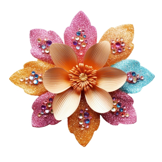 PSD uma flor feita de contas e cristais é mostrada com uma flor rosa