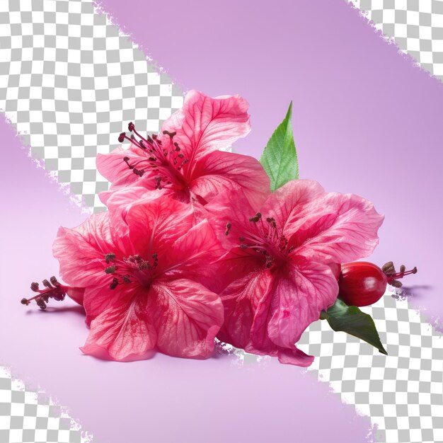 PSD uma flor rosa e uma cereja em um fundo roxo