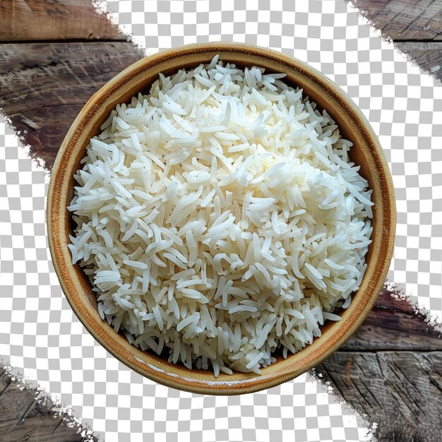 PSD uma foto de arroz em uma tigela de madeira com uma foto de rizos nela