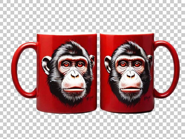 Uma foto de duas xícaras vermelhas quentes impressas com Monkey em fundo transparente