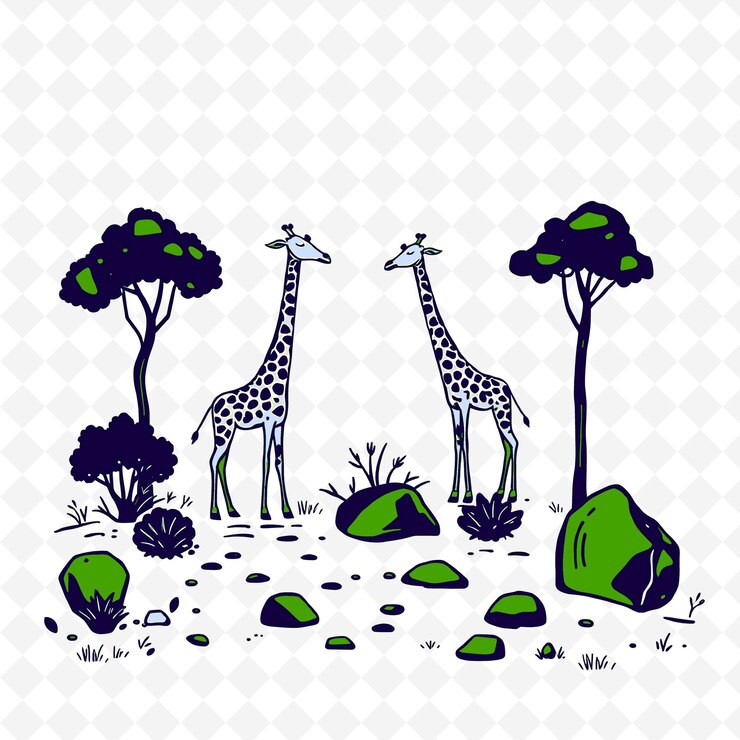 PSD uma foto de girafas em uma floresta com árvores e rochas