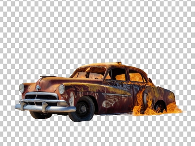 Uma foto de um carro velho coberto de efeitos de incêndio em um fundo transparente