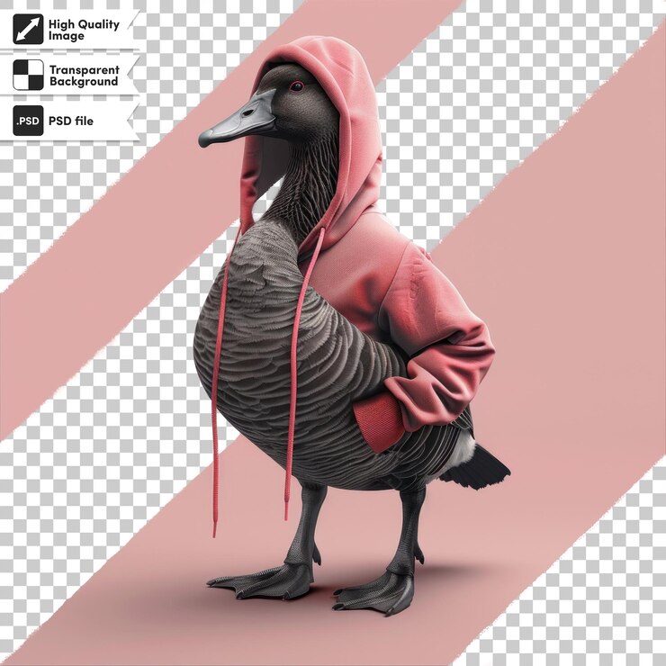 PSD uma foto de um ganso com um capuz vermelho nele